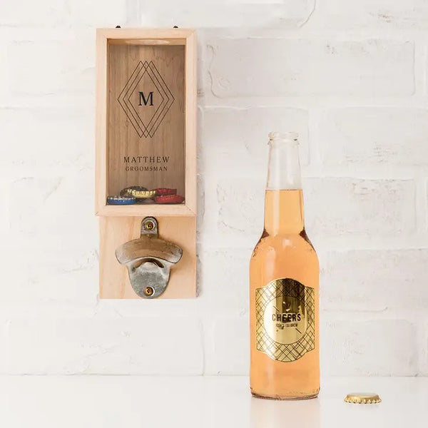 Personalized Wall Mounted Bottle Opener & Bottle Cap Holder - Diamond Emblem Monogram