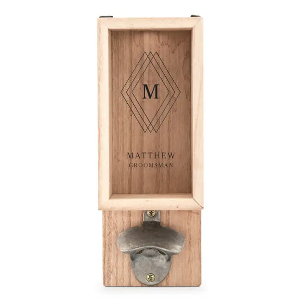 Personalized Wall Mounted Bottle Opener & Bottle Cap Holder - Diamond Emblem Monogram