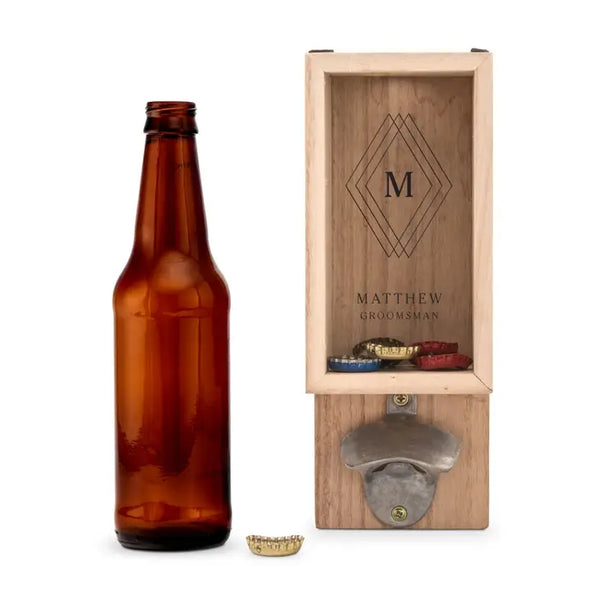 Personalized Wall Mounted Bottle Opener & Bottle Cap Holder - Diamond Emblem Monogram