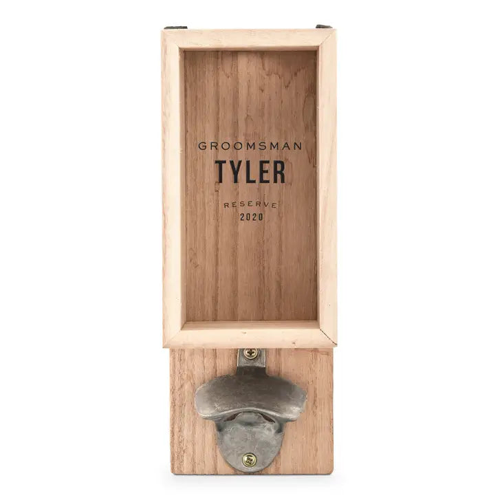 Personalized Wall Mounted Bottle Opener & Bottle Cap Holder - Groomsman Reserve