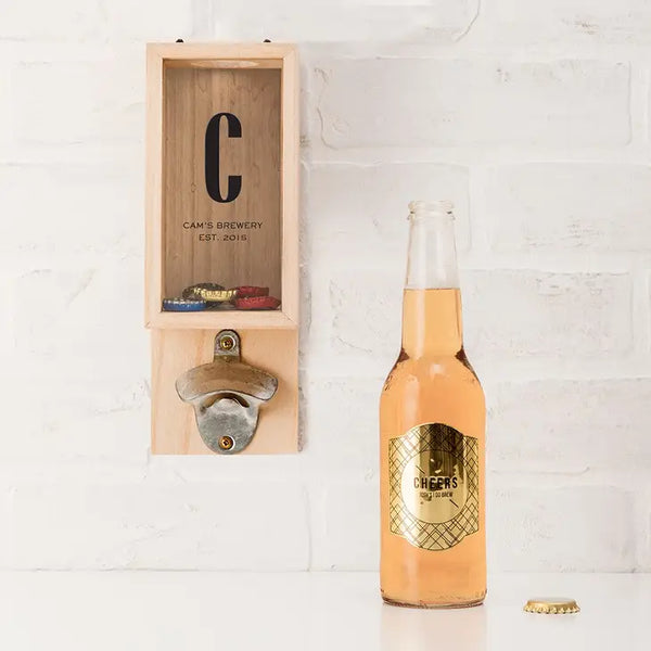 Personalized Wall Mounted Bottle Opener & Bottle Cap Holder - Sans Serif Monogram