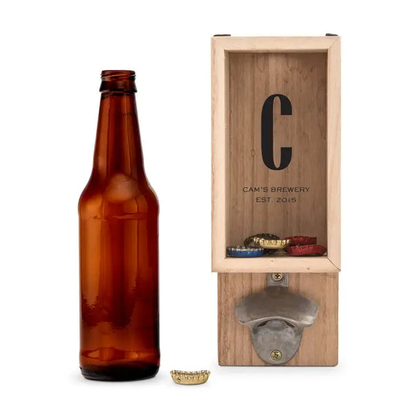 Personalized Wall Mounted Bottle Opener & Bottle Cap Holder - Sans Serif Monogram