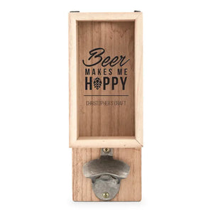 Personalized Wall Mounted Bottle Opener & Bottle Cap Holder - Makes Me Hoppy