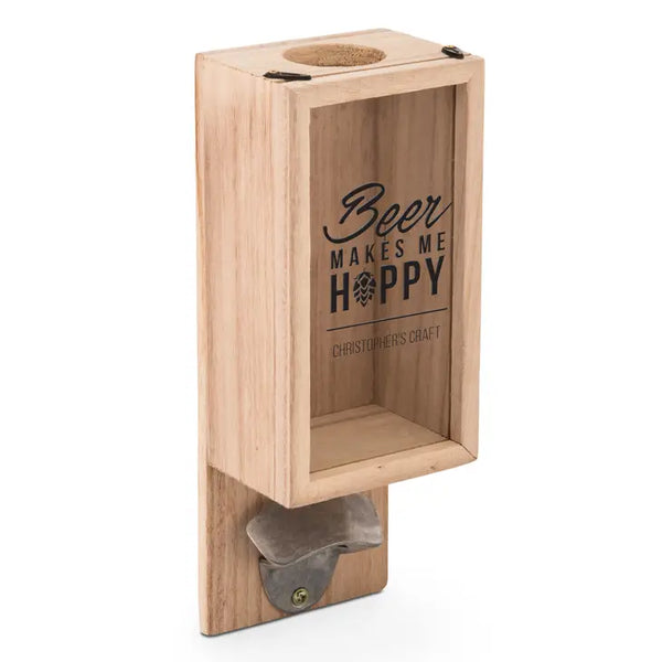 Personalized Wall Mounted Bottle Opener & Bottle Cap Holder - Makes Me Hoppy