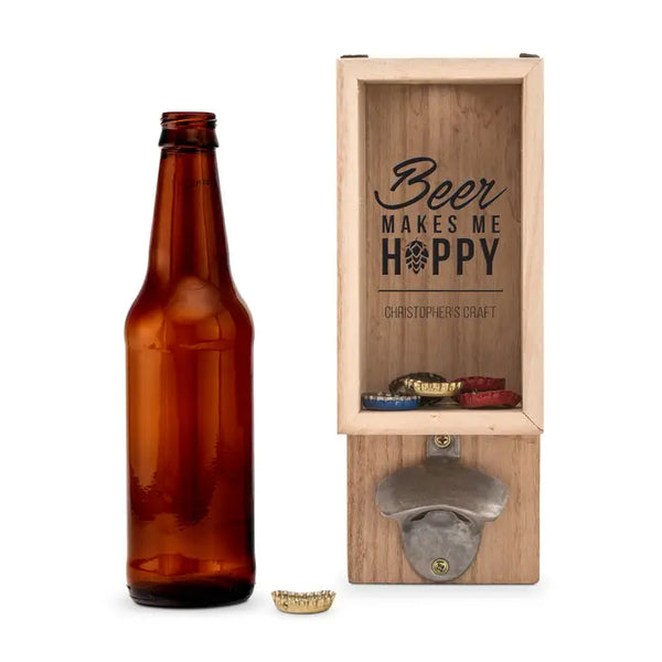 Personalized Wall Mounted Bottle Opener & Bottle Cap Holder - Makes Me Hoppy