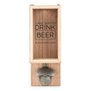 Personalized Wall Mounted Bottle Opener & Bottle Cap Holder - Drink Beer