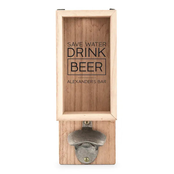 Personalized Wall Mounted Bottle Opener & Bottle Cap Holder - Drink Beer