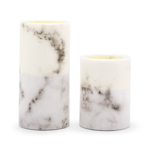 Artificial Flameless LED Pillar Candle Set Of 2 - White Marble