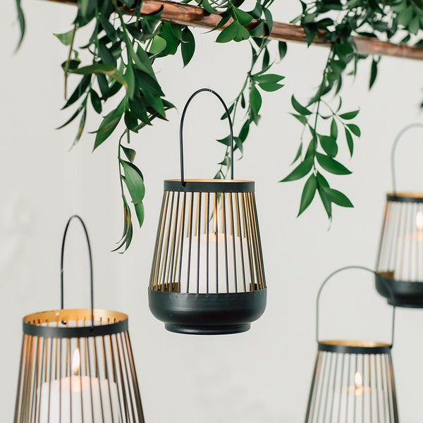 Large Geometric Metal Wire Hanging Lantern - Black & Gold