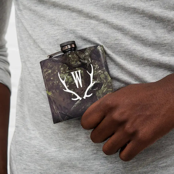 Personalized Camo Hip Flask Wedding Gift - Antler Monogram