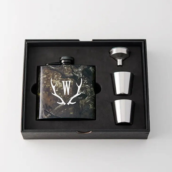 Personalized Camo Hip Flask Wedding Gift - Antler Monogram