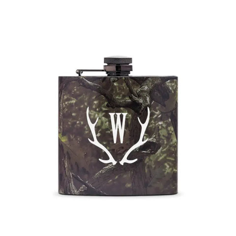 Personalized Camo Hip Flask Wedding Gift - Antler Monogram