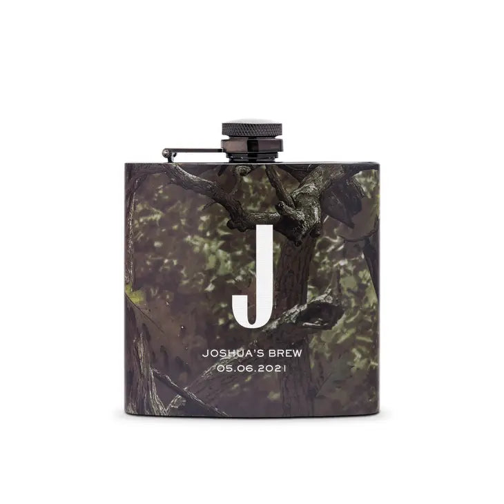 Personalized Camo Hip Flask Wedding Gift - Sans Serif Monogram