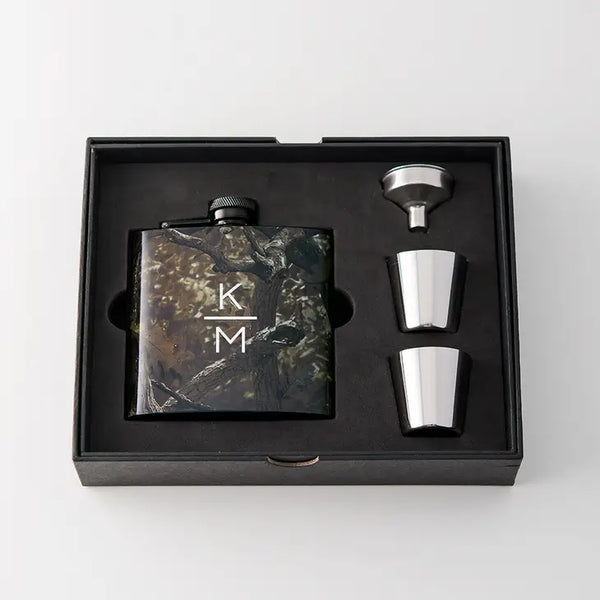 Personalized Camo Hip Flask Wedding Gift - Stacked Monogram