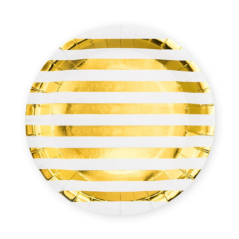 Large Round Disposable Paper Party Plates - Gold Stripe - Set Of 8