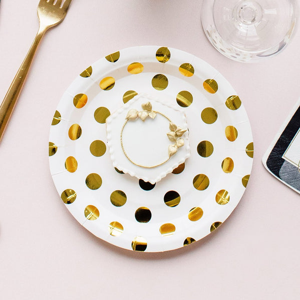 Small Round Disposable Paper Party Plates - Gold Polka Dot - Set Of 8