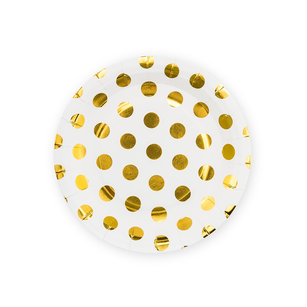 Small Round Disposable Paper Party Plates - Gold Polka Dot - Set Of 8