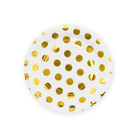 Small Round Disposable Paper Party Plates - Gold Polka Dot - Set Of 8