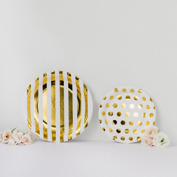 Small Round Disposable Paper Party Plates - Gold Polka Dot - Set Of 8