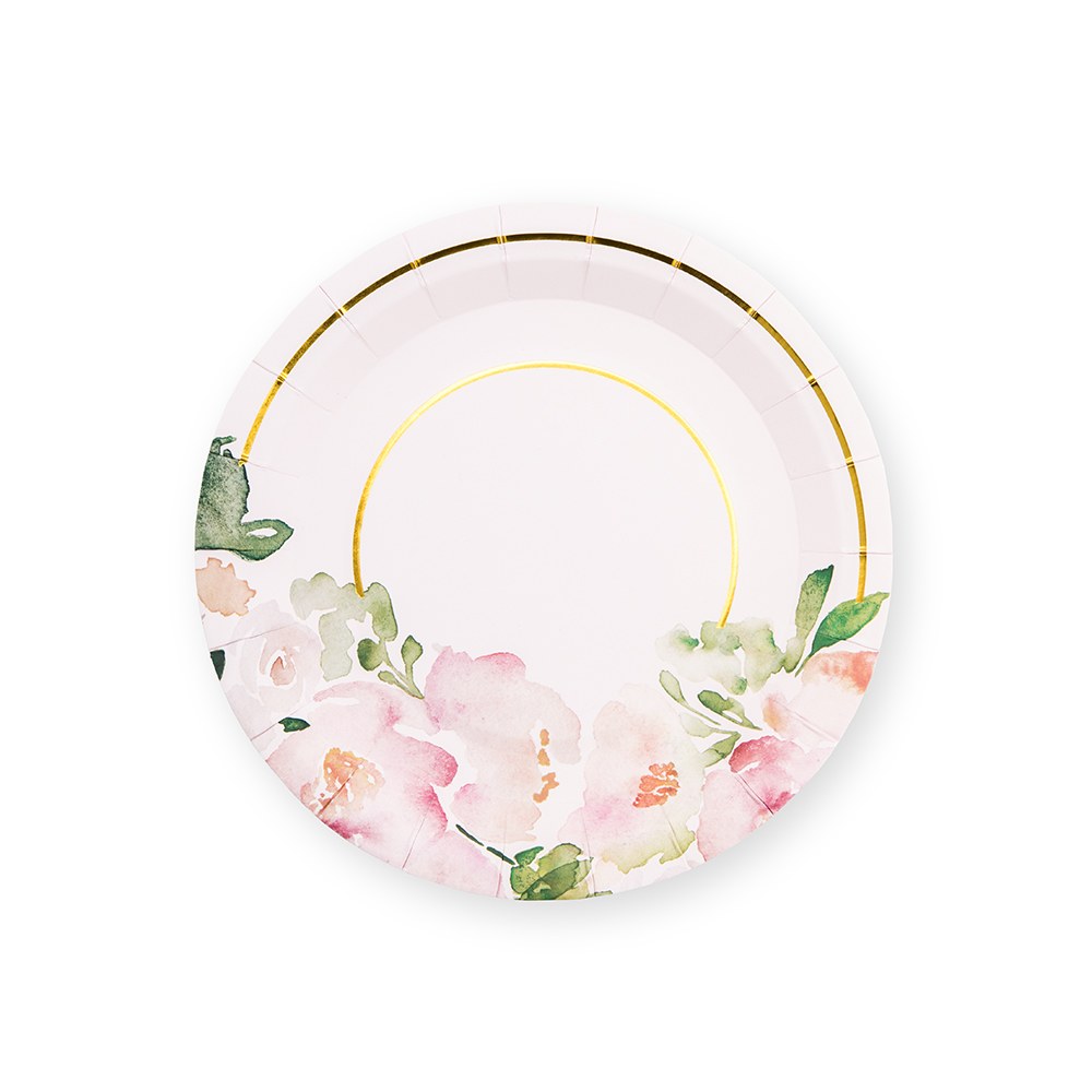 Small Round Disposable Paper Party Plates - Floral Garden Party - Set Of 8