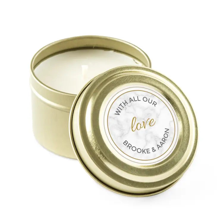 Personalized Gold Tin Candle Wedding Favor - Geo Marble