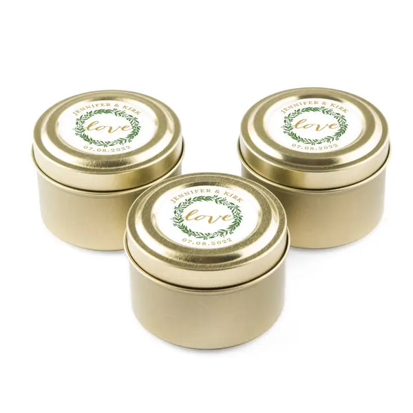 Personalized Gold Tin Candle Wedding Favor - Love Wreath