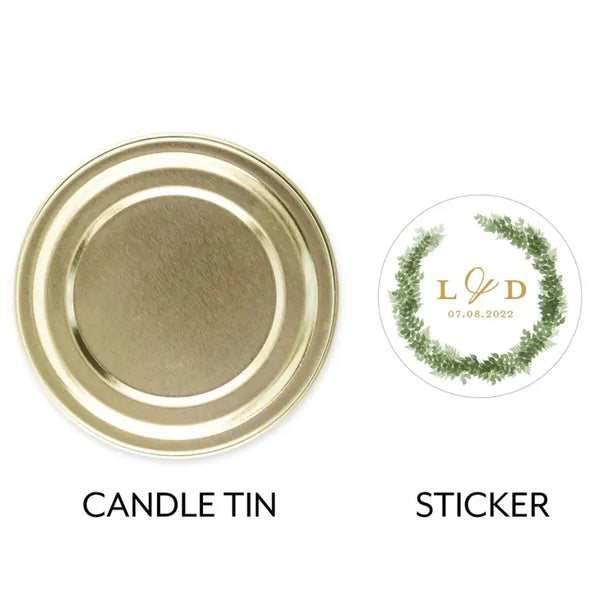 Personalized Gold Tin Candle Wedding Favor - Love Wreath Monogram