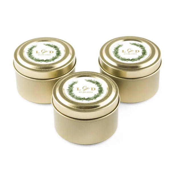 Personalized Gold Tin Candle Wedding Favor - Love Wreath Monogram