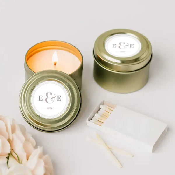 Personalized Gold Tin Candle Wedding Favor - Classic Script