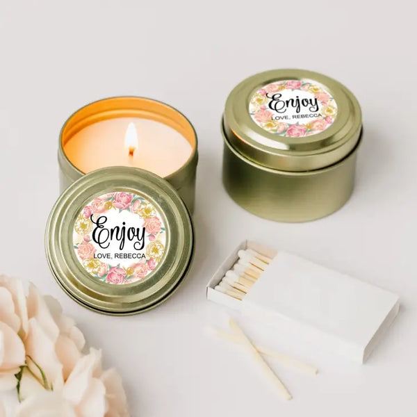 Personalized Gold Tin Candle Wedding Favor - Modern Floral