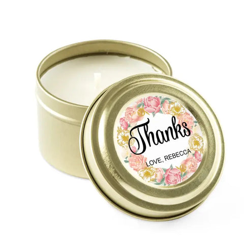 Personalized Gold Tin Candle Wedding Favor - Modern Floral