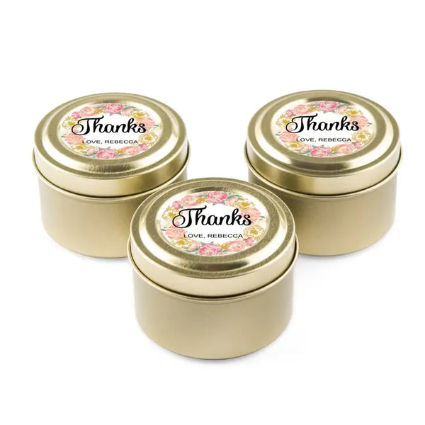 Personalized Gold Tin Candle Wedding Favor - Modern Floral