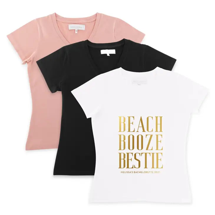 Personalized Bridal Party Wedding T-Shirt - Beach, Booze, Bestie