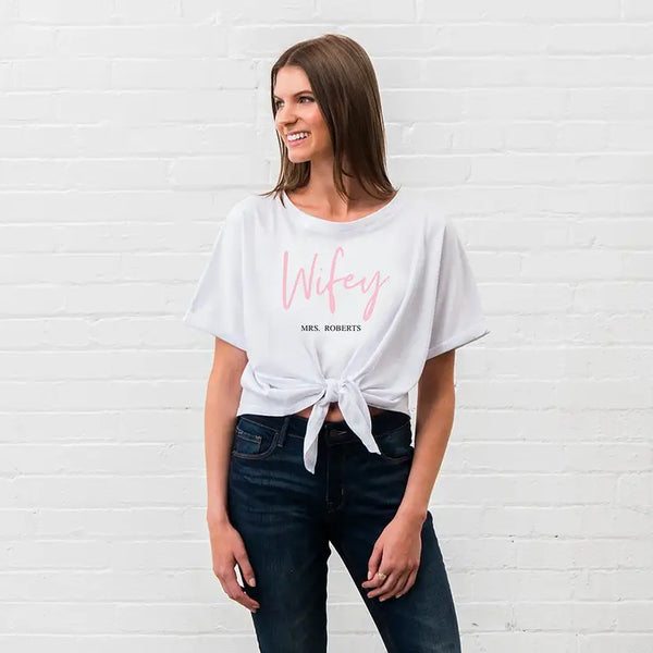 Personalized Bridal Party Tie-Up Wedding Shirt - Wifey Script