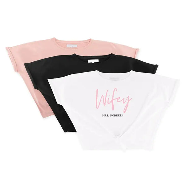 Personalized Bridal Party Tie-Up Wedding Shirt - Wifey Script