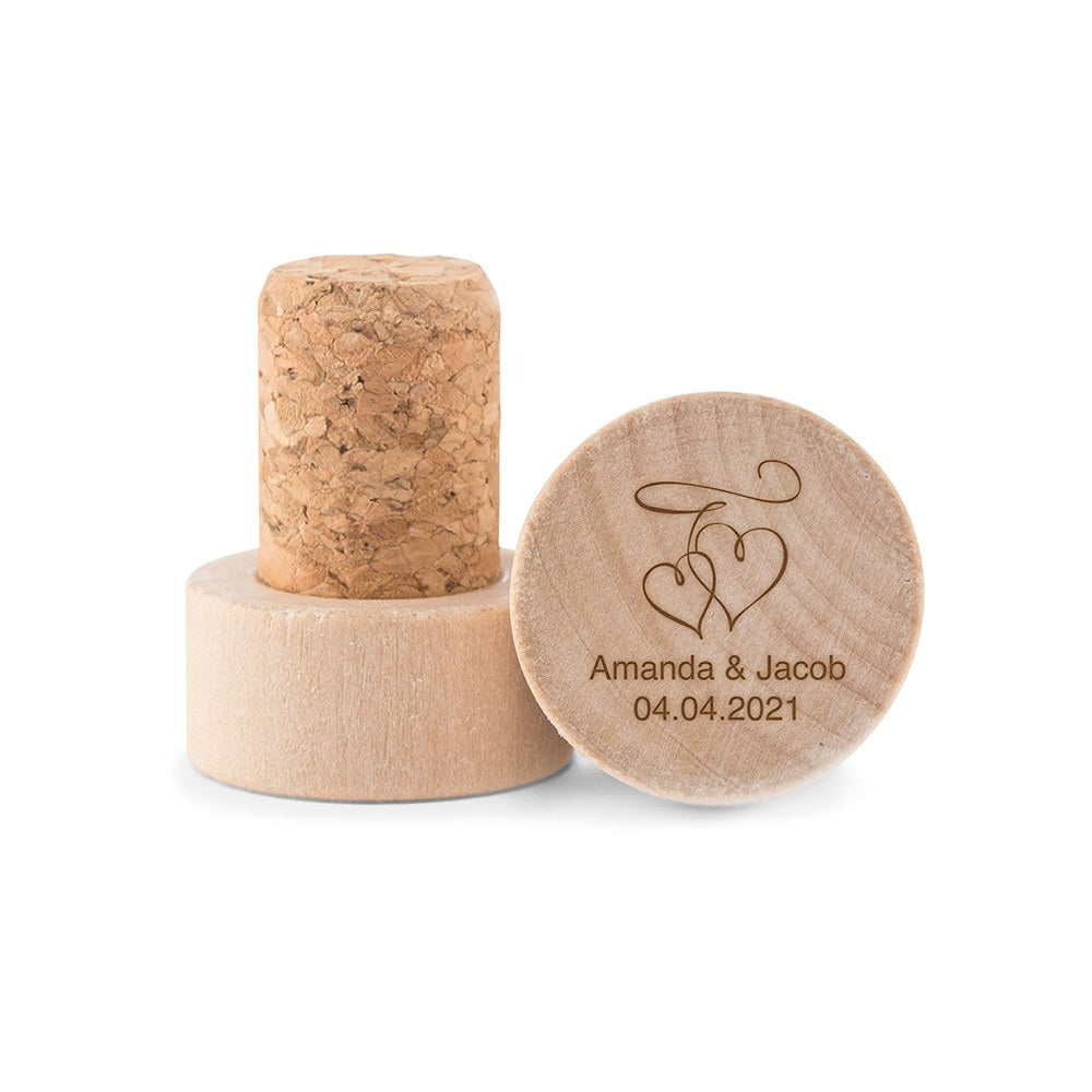 Custom Engraved Reusable Wooden Bottle Stopper - Double Hearts