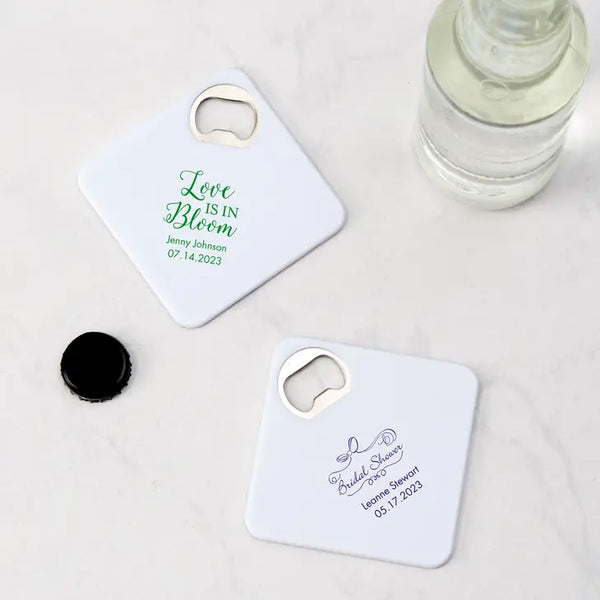 Personalised Plastic Drink Coaster Wedding Favour With Bottle Opener - Bridal Shower | More Occasions