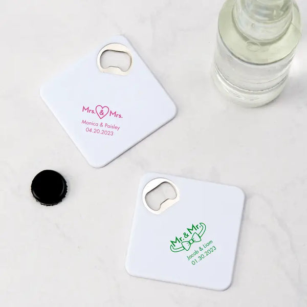 Personalised Plastic Drink Coaster Wedding Favor With Bottle Opener - LGBTQ+ | More Designs