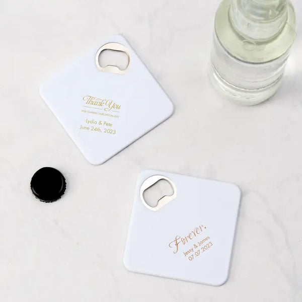 Personalized Plastic Drink Coaster Wedding Favour With Bottle Opener - Trendy Sayings | More Designs