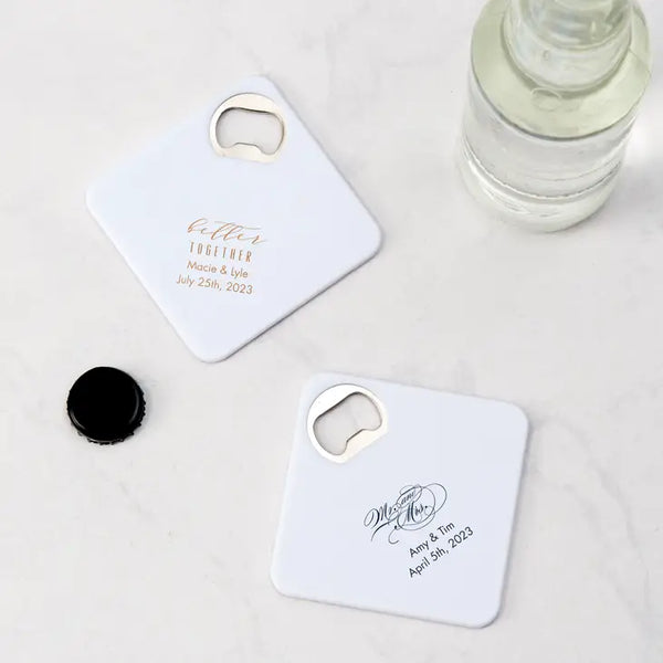 Personalized Plastic Drink Coaster Wedding Favour With Bottle Opener - Wedding | More Occasions