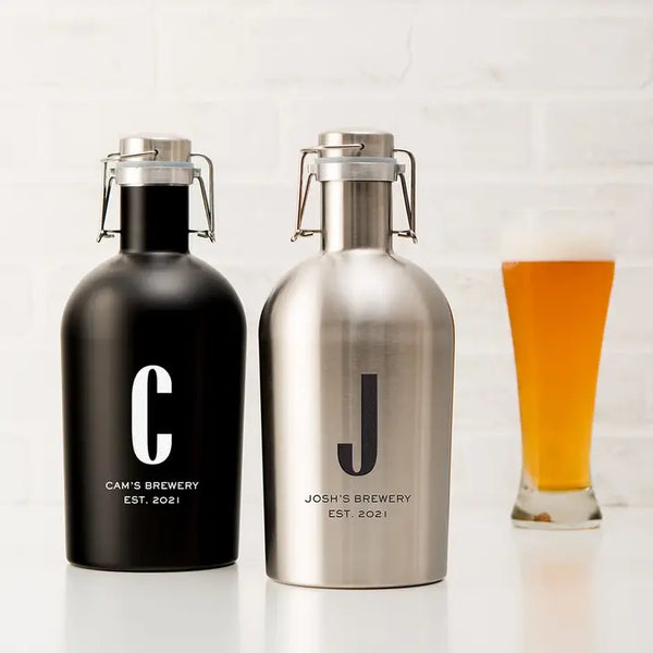 Personalized Stainless Steel Flip-Top Beer Growler - Sans Serif Monogram