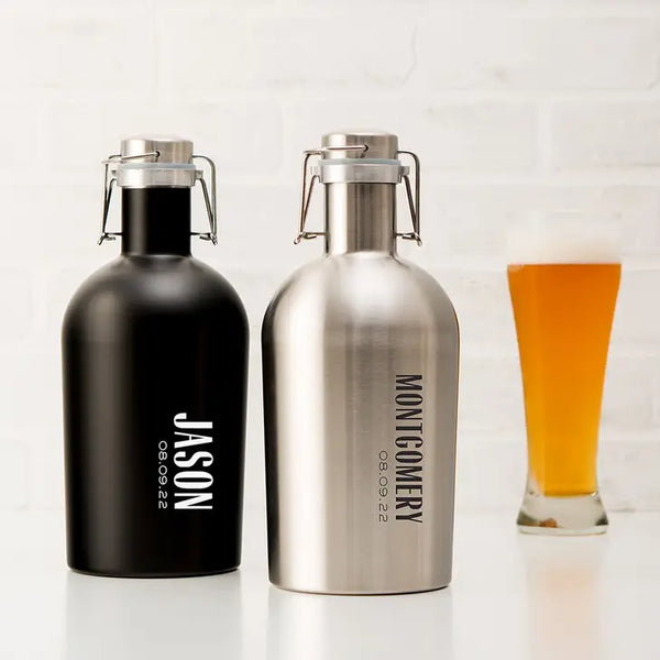 Personalized Stainless Steel Flip-Top Beer Growler - Vertical Text Monogram