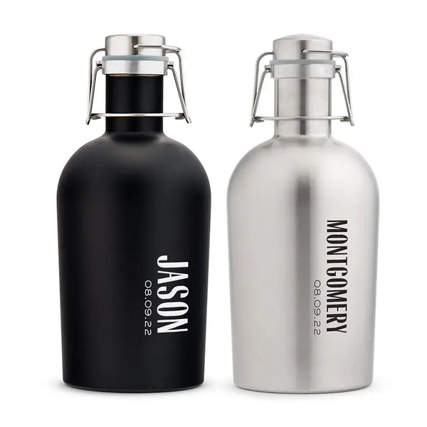 Personalized Stainless Steel Flip-Top Beer Growler - Vertical Text Monogram