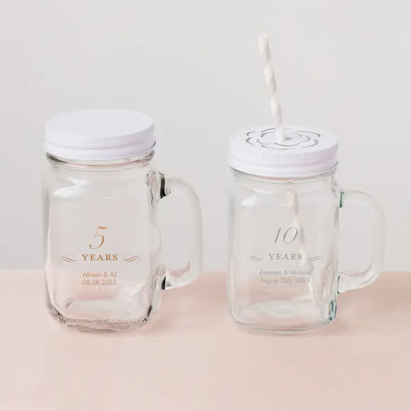 Personalized 12 or 16 oz. Mason Jar Drinking Glass Favor - Anniversary | + More Occasions