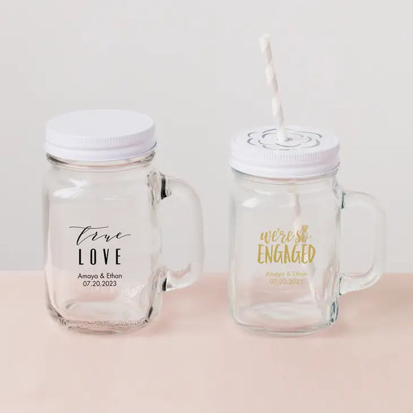 Personalized 12 or 16 oz. Mason Jar Drinking Glass Wedding Favor - Engagement Party | + More Occasions