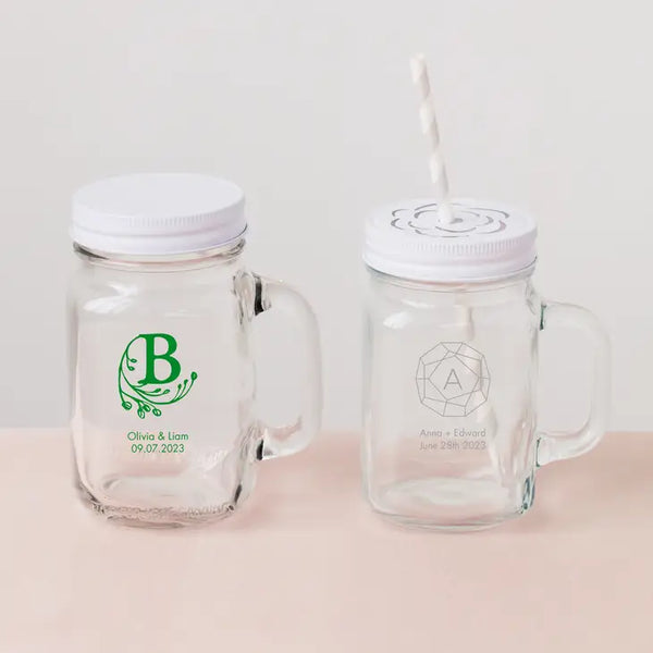 Personalized 12 or 16 oz. Mason Jar Drinking Glass Wedding Favor - Monograms | + More Designs