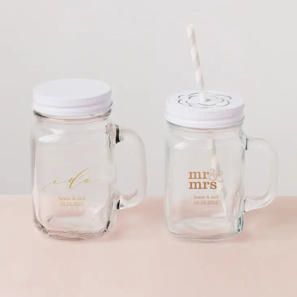 Personalized 12 or 16 oz. Mason Jar Drinking Glass Wedding Favor - Wedding | + More Occasions