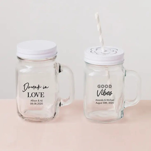 Personalized 12 or 16 oz. Mason Jar Drinking Glass Wedding Favor - Trendy Sayings | + More Designs