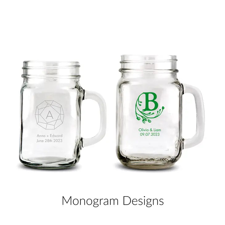 Personalized 12 or 16 oz. Mason Jar Drinking Glass Wedding Favor - Monograms | + More Designs