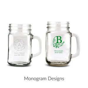 Personalized 12 or 16 oz. Mason Jar Drinking Glass Wedding Favor - Monograms | + More Designs